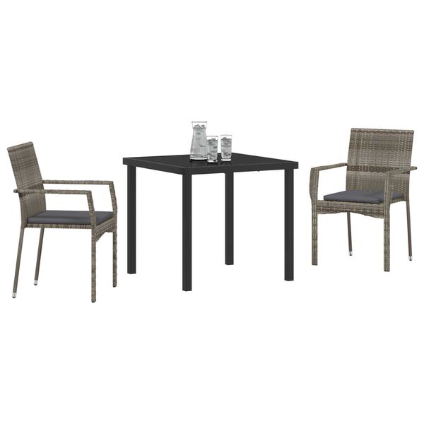 vidaXL Garden Dining Set with Cushion 3 pcs Grey Poly Rattan