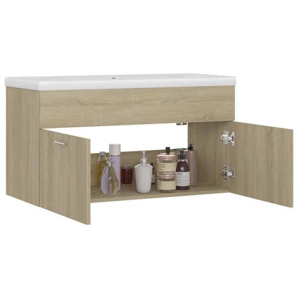 vidaXL Sink Cabinet With Basin Sonoma oak, White Engineered wood, Ceramic