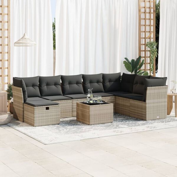 vidaXL 9 Piece Patio Sofa Set with Cushions Light Gray Poly Rattan