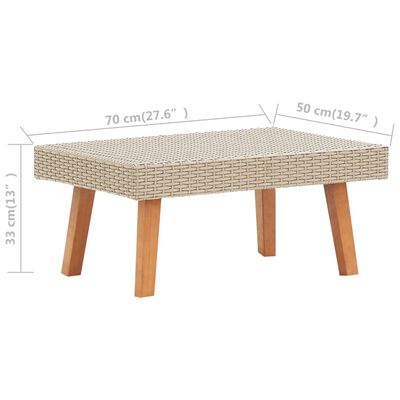 Rectangular coffee table with woven top and wooden legs, dimensions 70x50x33 cm