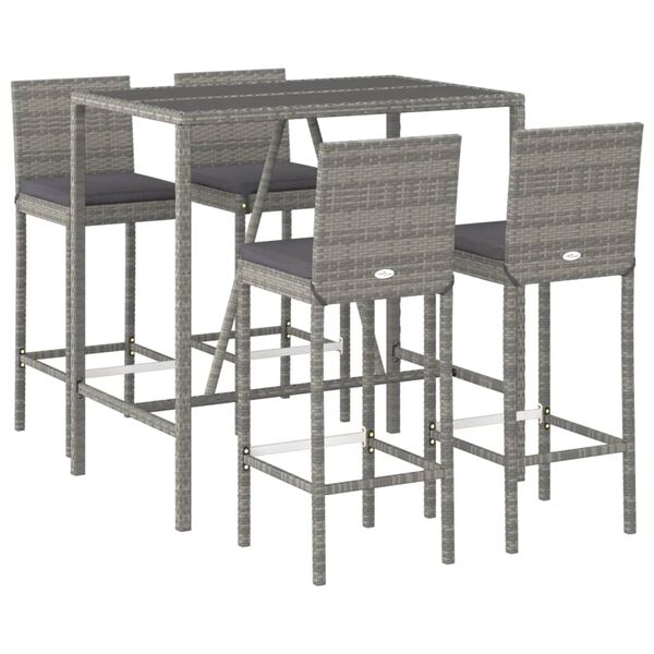 vidaXL 5 Piece Patio Bar Set with Cushions Gray Poly Rattan