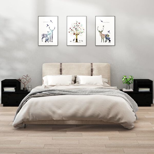 vidaXL Bedside Cabinet Set of 2 Black Solid pine wood 23.6x13.4x20.1 in