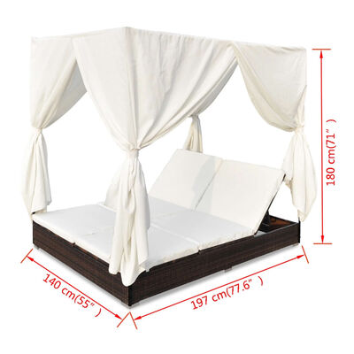 vidaXL Patio Lounge Bed with Curtains Poly Rattan Brown