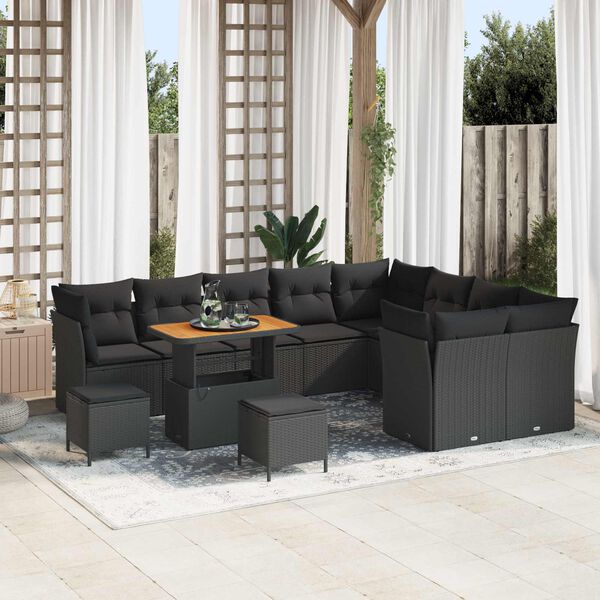 vidaXL Garden Sofa Set Height-Adjustable 12 pcs Black Poly Rattan