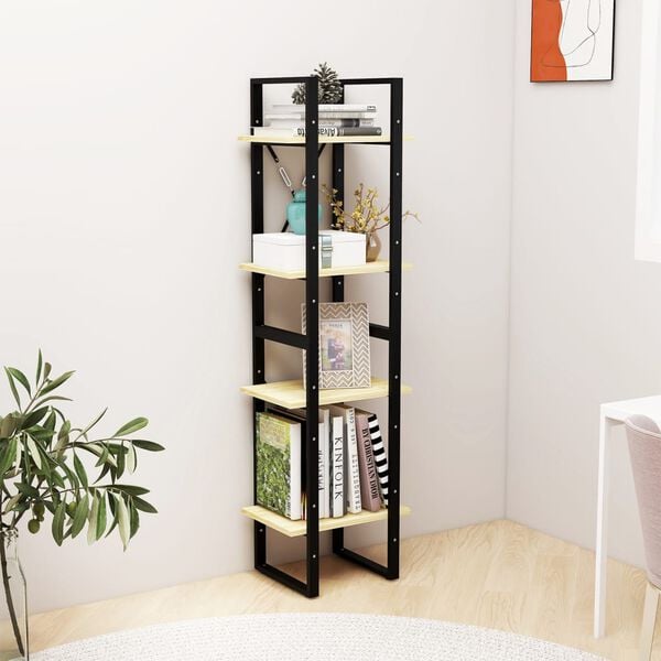 vidaXL Book Cabinet Natural Wood, Black Solid Pine Wood, Metal 4-Tier