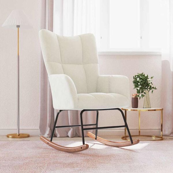 vidaXL Rocking Chair Cream White Velvet, Solid rubber wood, Steel