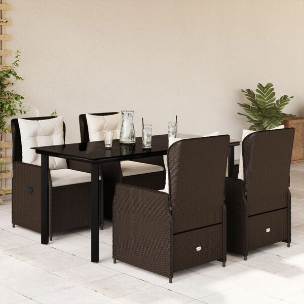 vidaXL 5 Piece Patio Dining Set with Cushions Brown Poly Rattan