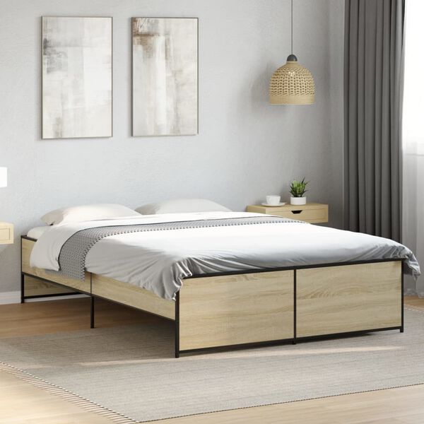 vidaXL Bed Frame Sonoma Oak Engineered Wood and Steel Standard Double Bed