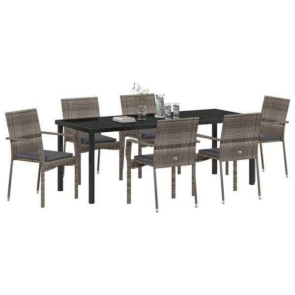 vidaXL Garden Dining Set with Cushion 7 pcs Grey Poly Rattan
