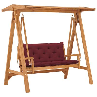 vidaXL Swing Bench with Wine Red Cushion 66.9" Solid Teak Wood