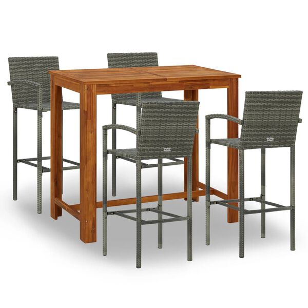 vidaXL Garden Bar Set Grey, Brown Solid Acacia Wood, PE Rattan Medium
