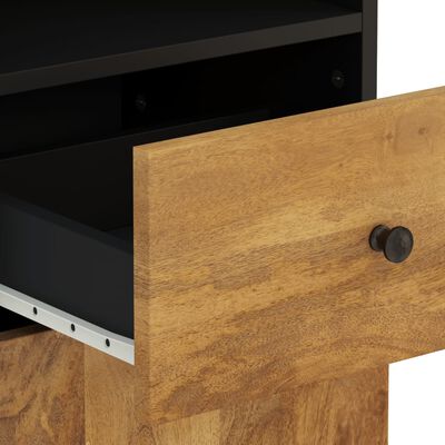 Open drawer shows black interior with metal rail; wood door with round black knob.