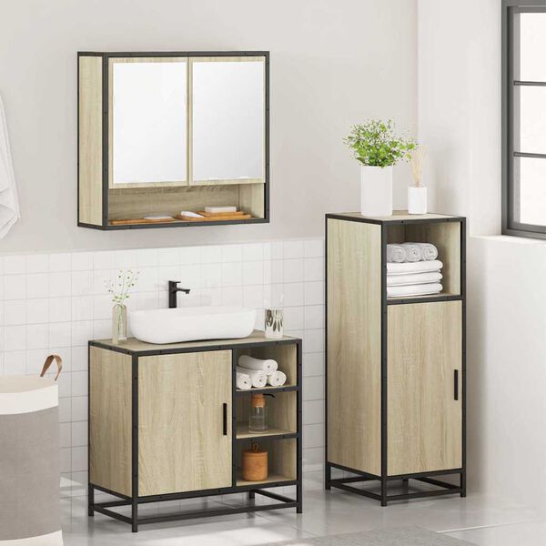 vidaXL Bathroom Furniture Set Sonoma Oak Engineered Wood, Metal, Glass