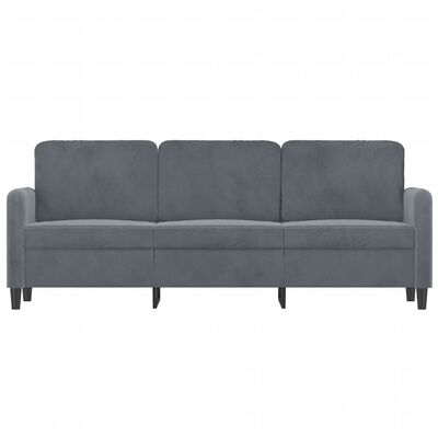 Blue-gray sofa with three back cushions and slim legs, front view.