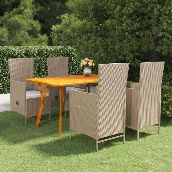 vidaXL Dining Set Beige Solid Acacia wood, PE rattan, Polyester cushioning
