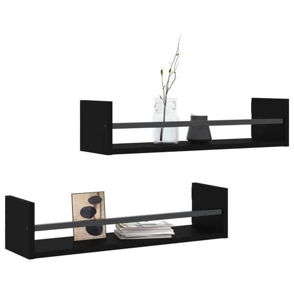 vidaXL Wall Shelf Set of 2 Black Engineered wood, Steel Large