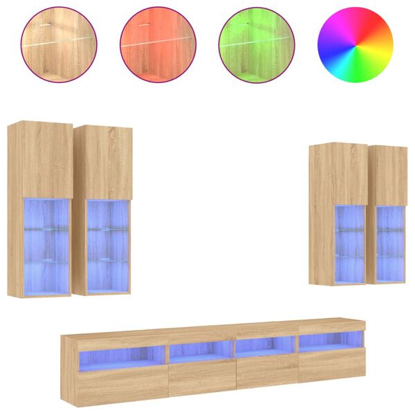 vidaXL 7 Piece TV Wall Stand Set with LED Lights Sonoma Oak
