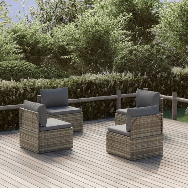 vidaXL Middle Sofa Grey Poly Rattan, Powder-Coated Steel, Polyester, PVC