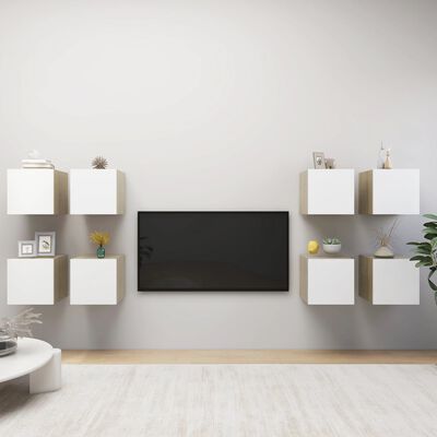 vidaXL Wall Mounted TV Stands 8pcs White and Sonoma Oak 12"x11.8"x11.8"