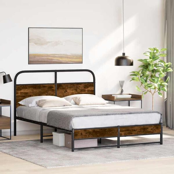 vidaXL Bed Frame Smoked Oak Steel, Engineered Wood Full Bed Frame