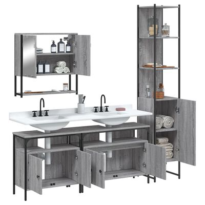 Full bathroom furniture set including double sink vanity, wall cabinet with mirrored doors, tall cabinet, and open storage cabinets.