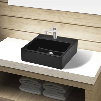 vidaXL Ceramic Bathroom Sink Basin with Faucet Hole Black Square