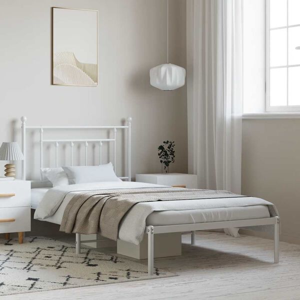 vidaXL Bed Frame White Powder-Coated Steel Twin Bed Frame Rectangular