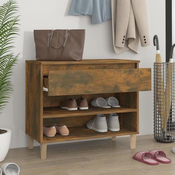 vidaXL Shoe Cabinet Smoked Oak Engineered Wood, Solid Eucalyptus Wood