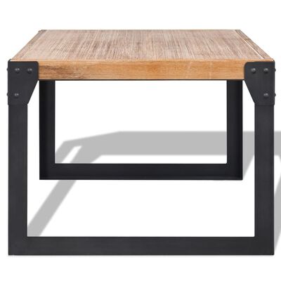 Square coffee table with U-shaped black metal frame supporting wooden top.