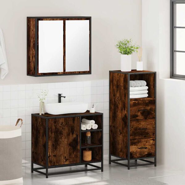 vidaXL Bathroom Furniture Set Smoked oak Engineered wood, metal, glass