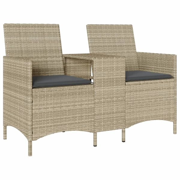 vidaXL Patio Sofa 2-Seater with Table and Cushions Light Grey Poly Rattan