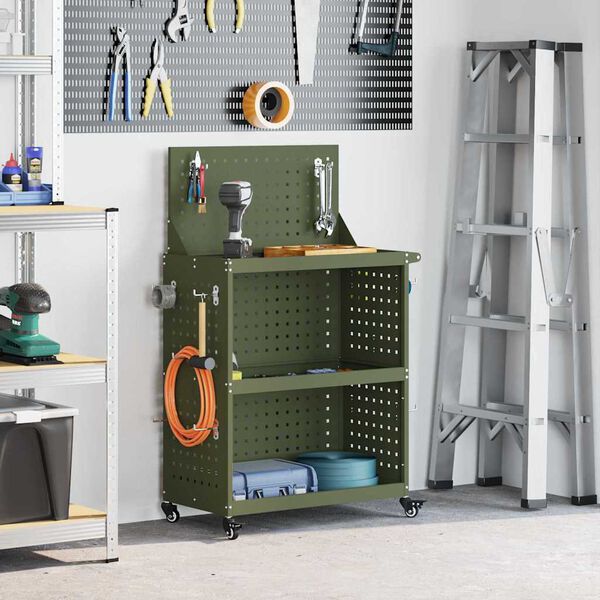 vidaXL Tool Trolley with Shelf Olive Green 25.59 x 13.78 x 43.70 in