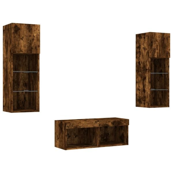 vidaXL 4 Piece TV Wall Stands with LED Lights Smoked Oak