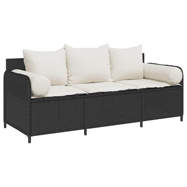 vidaXL Garden Sofa Black PE Rattan, Powder-Coated Steel 3-Seater