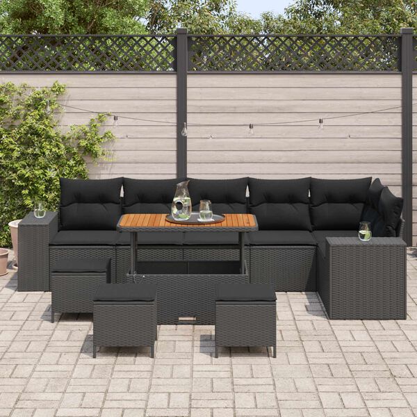 vidaXL Garden Sofa Set with Cushion 10 pcs Black Poly Rattan