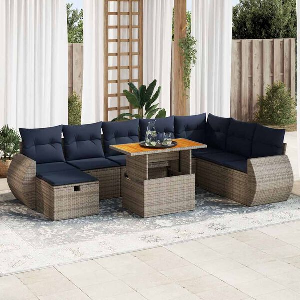 vidaXL 9 Piece Patio Sofa Set with Cushions Grey Poly Rattan Acacia