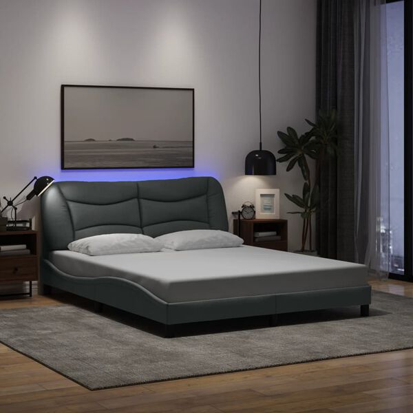 vidaXL Bed Frame with LED without Mattress "Hvar" Light Gray 59.8"x79.9" Fabric