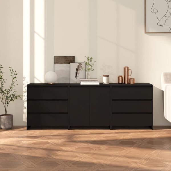 vidaXL Sideboard Set of 3 Black Engineered Wood Medium Sideboard