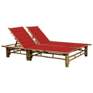 vidaXL Sun Lounger Natural bamboo, Red cushions