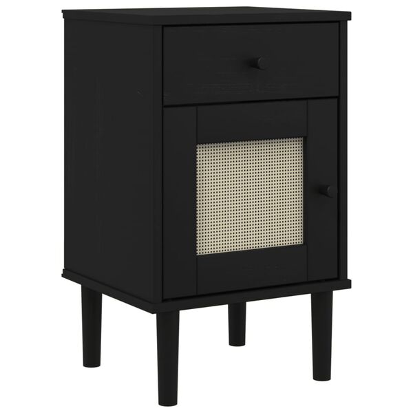 vidaXL Bedside Cabinet Black Solid pine wood, engineered wood, poly rattan