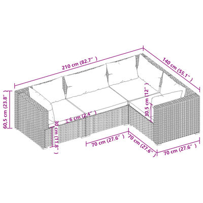 vidaXL 4 Piece Patio Lounge Set with Cushions Poly Rattan Brown