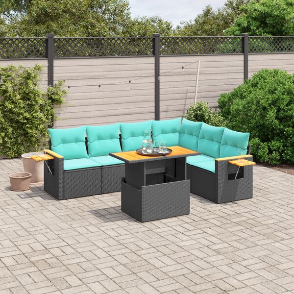 vidaXL 7 Piece Patio Sofa Set with Cushions Black Poly Rattan