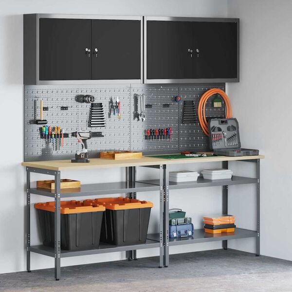 vidaXL Work Bench Set with Shelf with Storage Adjustable Gray Steel