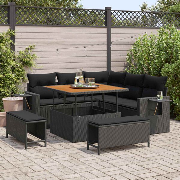 vidaXL Garden Sofa Set with Cushion 8 pcs Black Poly Rattan