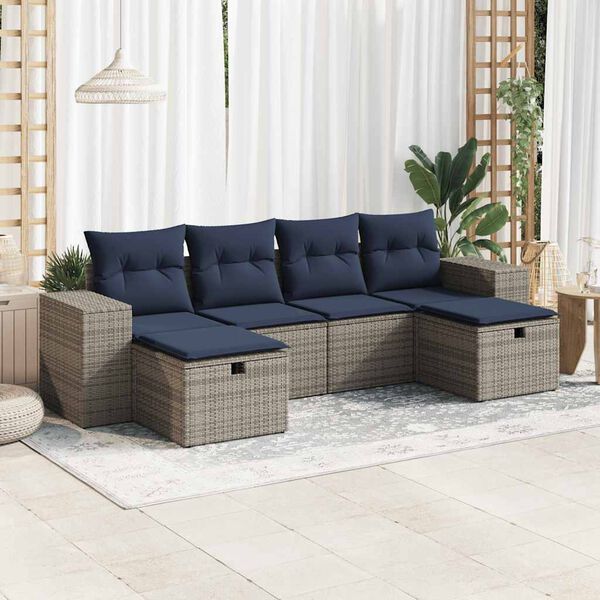 vidaXL 6 Piece Patio Sofa Set with Cushions Gray Poly Rattan