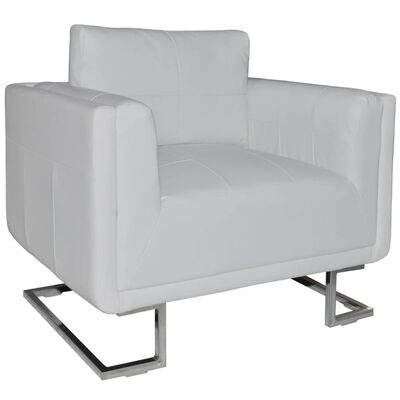 vidaXL Cube Armchair with Chrome Feet White Faux Leather