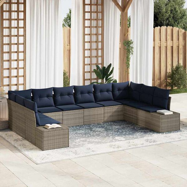 vidaXL Garden Sofa Set with Cushion 10 pcs Grey Poly Rattan
