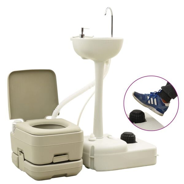 vidaXL Portable Camping Toilet 2.6+2.6 gal and Handwash Stand 5.3 gal Set Gray