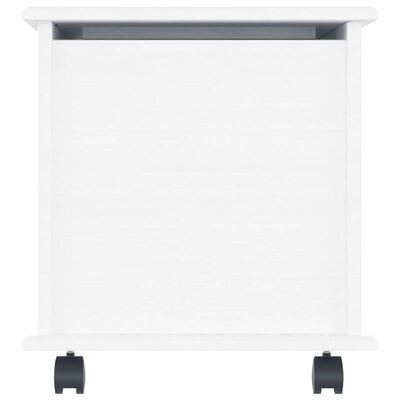 Front view of white nightstand with single drawer and caster wheels
