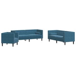 vidaXL 3 Piece Chesterfield Sofa Set with Bolsters Blue Velvet